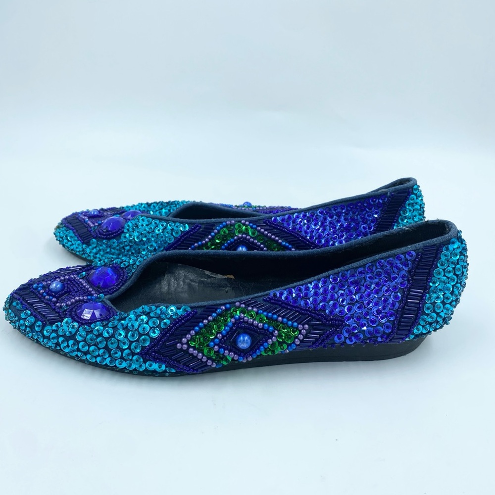 Vintage Frankie & Baby Beverly Feldman Sequin Beaded Flats Art Deco 7 Blue